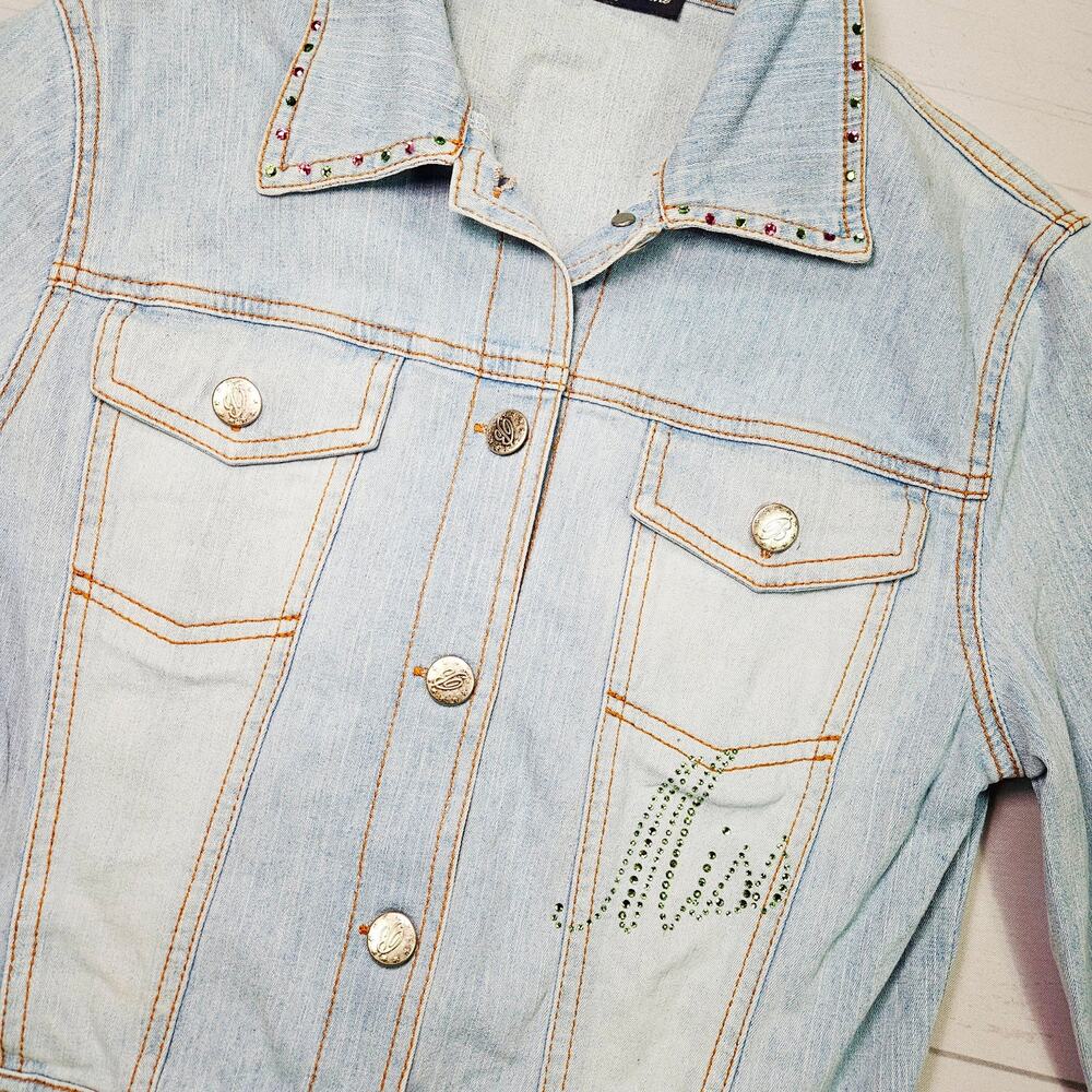 Y2k Miss Blumarine Denim Jacket Euro Rhinestone Light Wash - Small - Picture 4 of 9